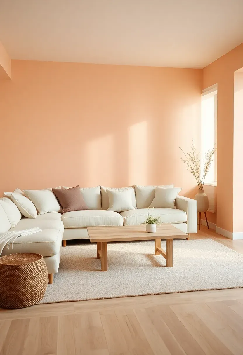 Hyper-realistic 3/4 view of a minimalist living room with soft peach walls, cream sofa, white oak coffee table, light beige rug. Materials: matte peach paint, cream linen, white oak wood, beige wool. Warm diffused light, gentle peach shadows. Shallow depth of field, harmonious minimalist composition. No text, no logos, no watermarks.</p>