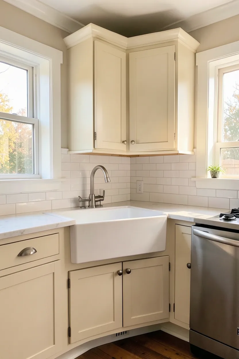 Corner sink layout in a small farmhouse kitchen with windows on two walls, maximizing natural light and counter space