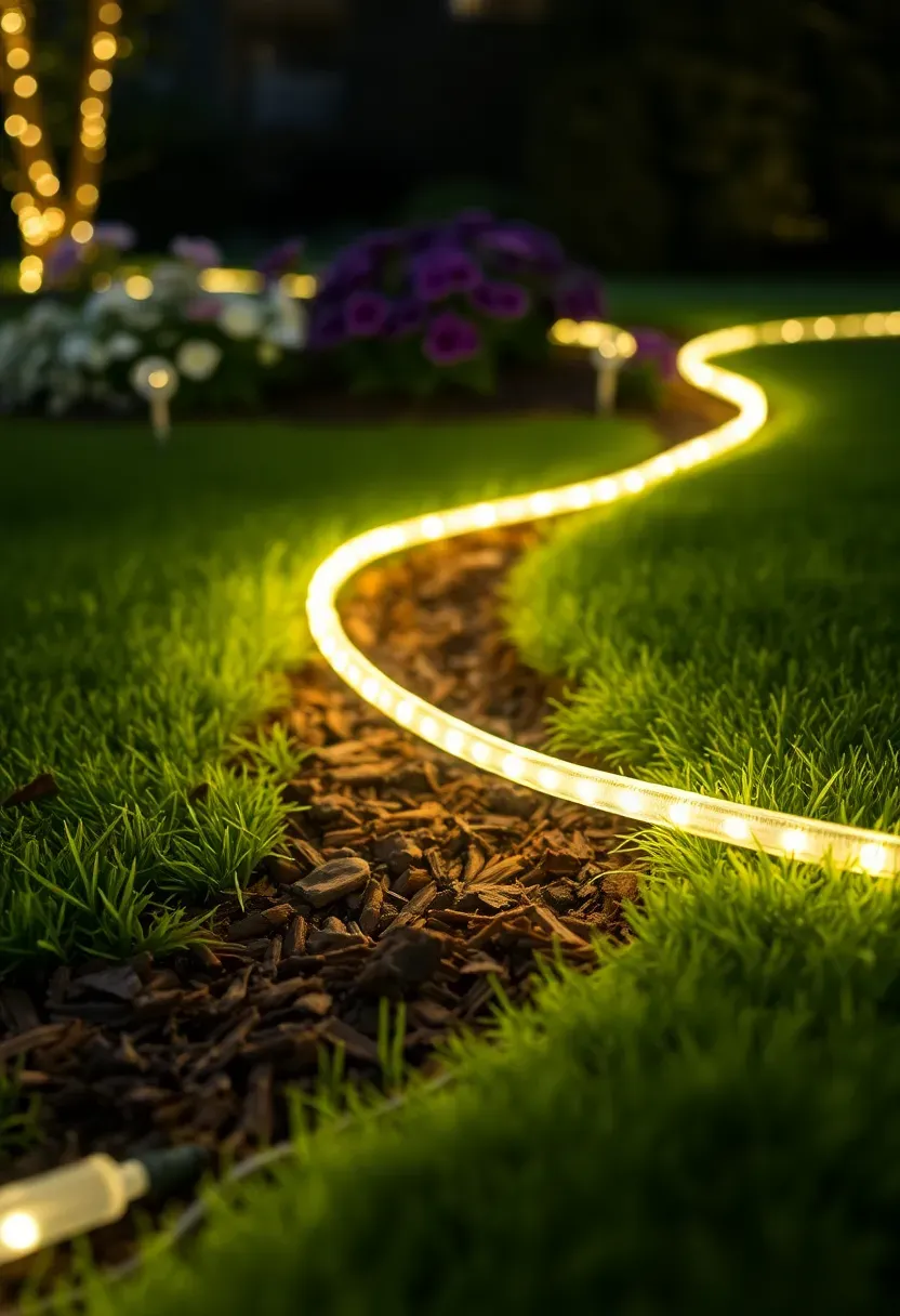 Flexible warm white LED rope lights tracing the curved edge of a flower garden border where lawn meets mulched planting bed at night