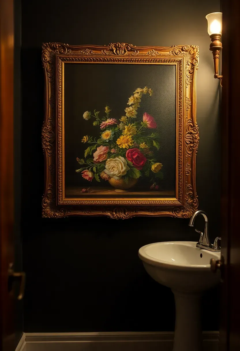 Dark moody oil painting reproduction of a Dutch Golden Age still life in an ornate gilded frame in a dimly lit powder room