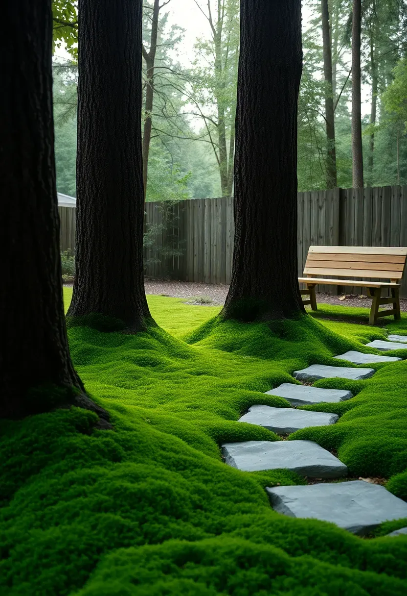 A shaded backyard moss garden with velvety green moss covering the ground between mature tree trunks, scattered flat stones, and a simple wooden bench in soft diffused light