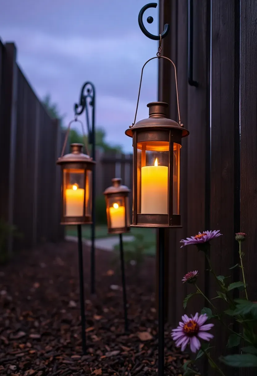 Three copper lanterns on black shepherd hook stakes placed in a flower bed along a backyard fence glowing with warm LED candles at dusk