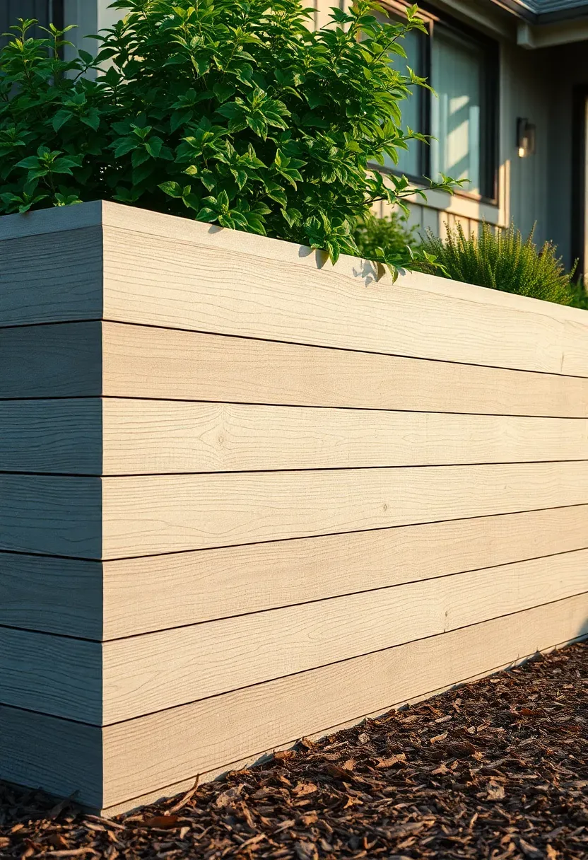 Boardform concrete retaining wall in a backyard showing horizontal wood grain texture imprinted in the concrete surface with plants growing above