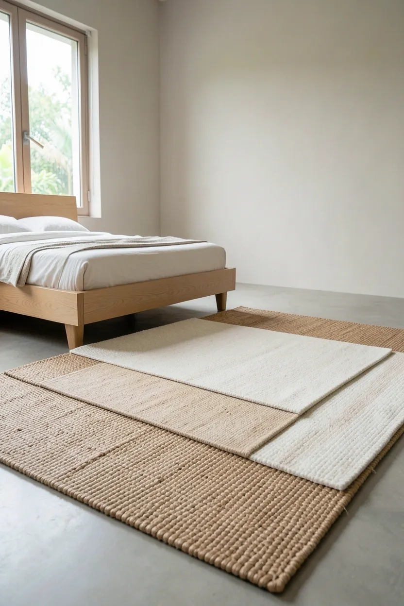 Natural jute rug layered under light wool rug anchoring bed in neutral tropical Japandi bedroom