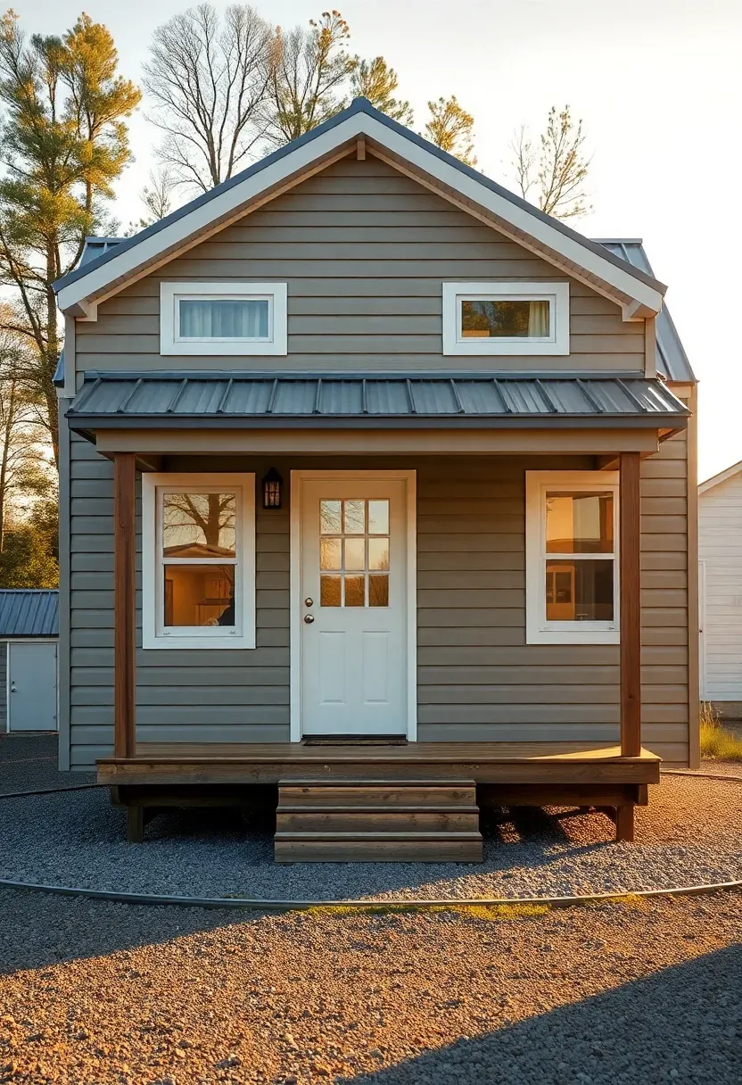 Hyper-realistic 3/4 view of a 330 square foot tiny house exterior with two distinct roof sections creating separate bedroom volumes, covered porch across front width, glass entry door with sidelights. Horizontal siding in warm gray, white trim, metal roof. Set on gravel pad with simple landscaping. Materials: fiber cement siding, standing seam metal, cedar porch posts. Golden late afternoon sun casting warm shadows. Sophisticated minimalist mood. Architectural detail visible with strong horizontal lines. No text, no logos, no watermarks.</p>