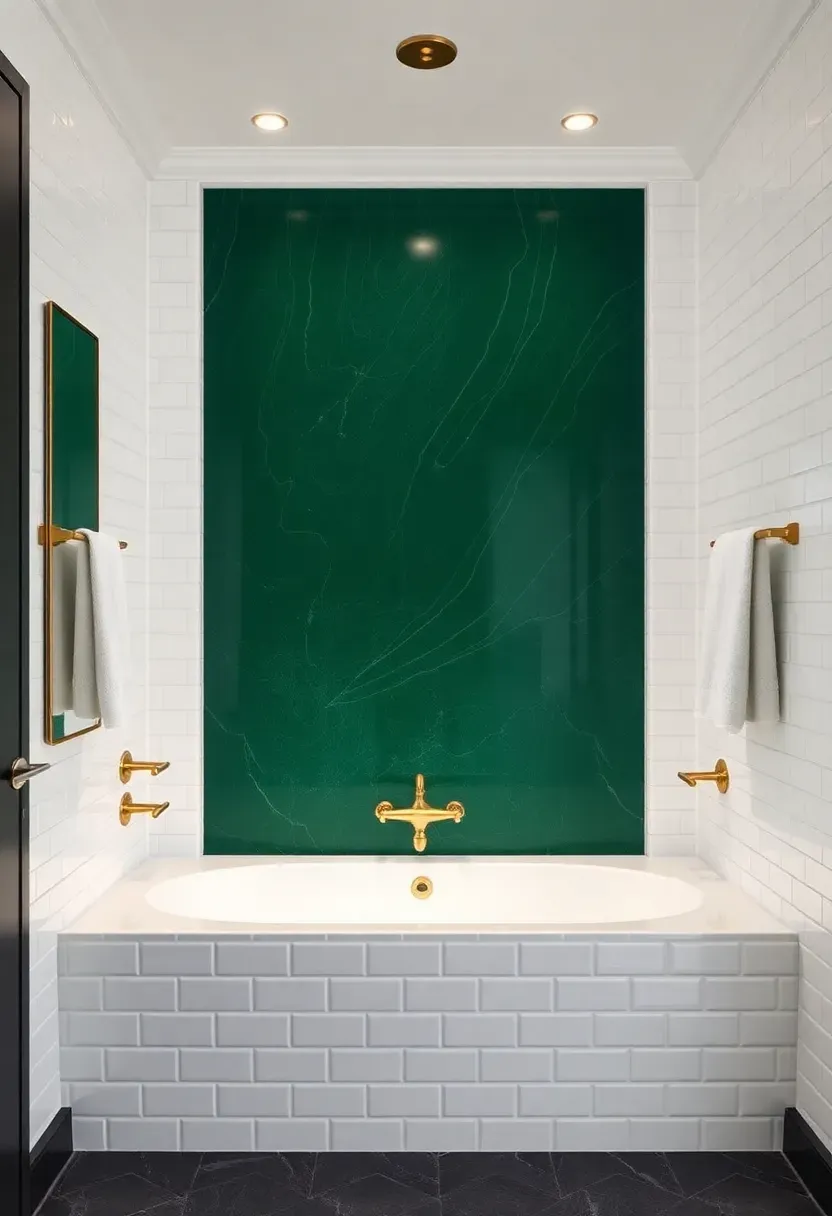 Bathroom with deep emerald green accent wall behind bathtub, white subway tiles, and gold hardware