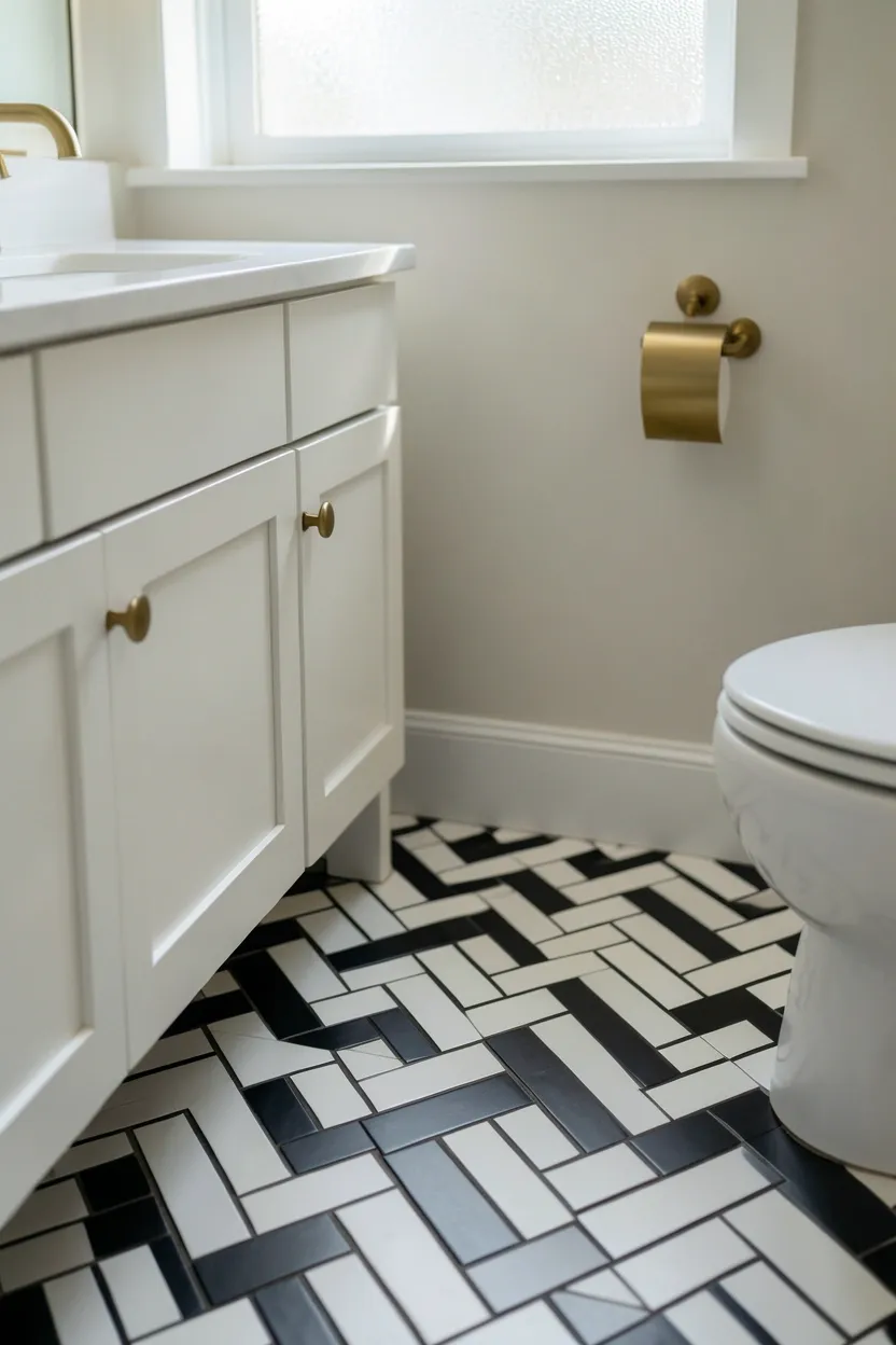 Peel-and-stick black and white checkerboard tile floor pattern applied over existing rental bathroom flooring — no permanent changes required