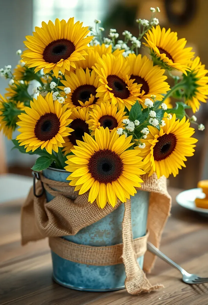 bright sunflower arrangement in a galvanized metal bucket with burlap wrap on a cheerful baby shower table