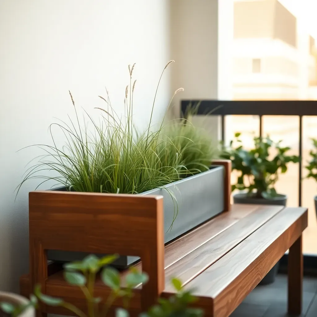 Slim teak bench with planter backrest