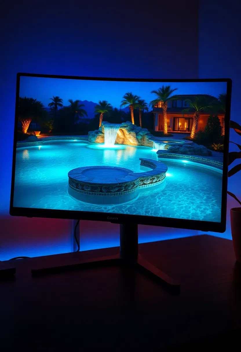 Pool Studio software render of a luxury backyard pool with spa, waterfall feature, and surrounding landscape lighting at twilight