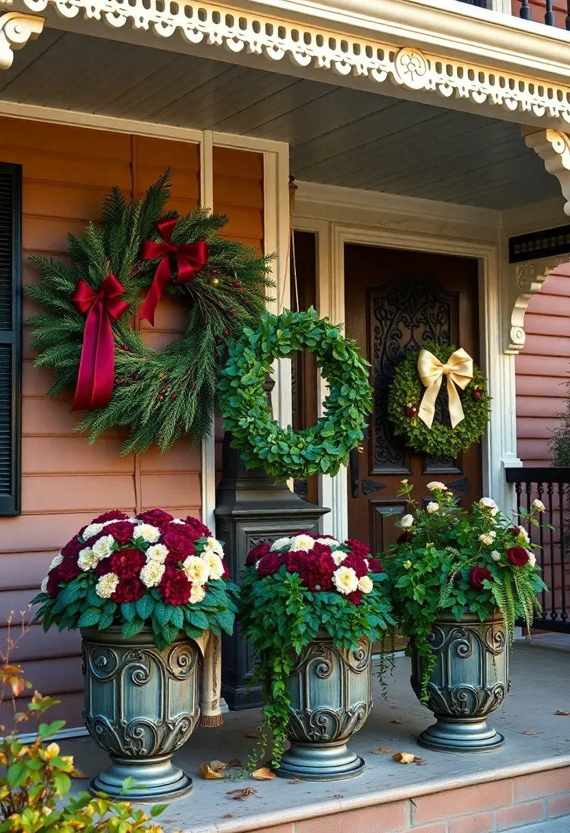 Hyper-realistic wide shot of a Victorian front porch with ornate fall decor. Three wreaths of varying sizes display together: large mixed evergreen with burgundy ribbon, medium grapevine with gold accents, small ivy wreath with cream bow. Planters with decorative scrollwork contain mums in burgundy, emerald, and cream mixed with trailing ivy and ferns. Ornate front door with decorative glass. Porch has ornamental spindle railings and gingerbread trim. Painted lady colors on siding. Soft afternoon light with warm tones. No text, no logos, no watermarks.</p>