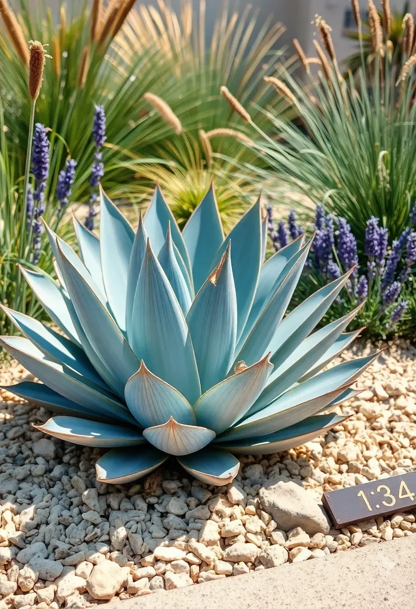 Drought-tolerant xeriscape front yard with blue agave, lavender, ornamental grasses, and smooth river rock mulch