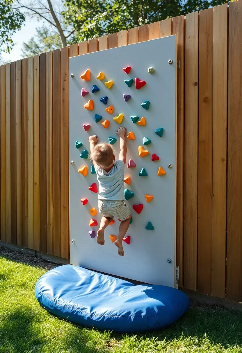 Climbing wall mounted to a tall wooden privacy fence in a backyard with colorful holds, crash pad below, and a child reaching for the next hold