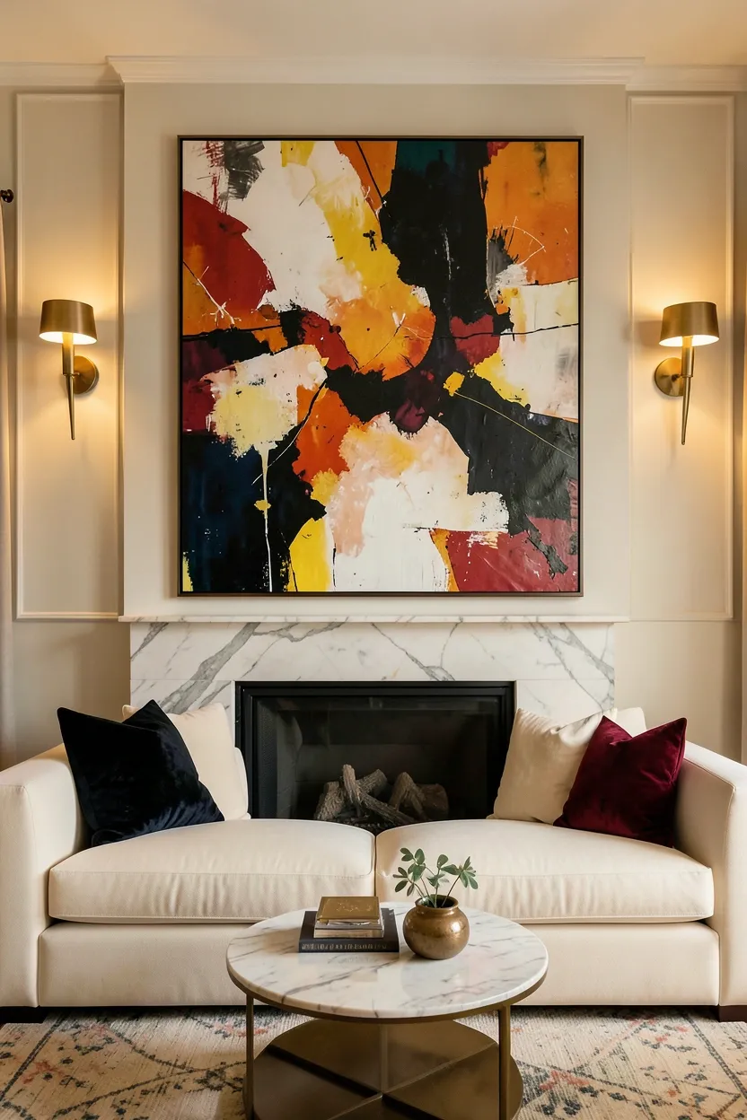 Large abstract canvas painting in gold and cream tones above a modern linen sofa serving as the focal point of a luxury living room