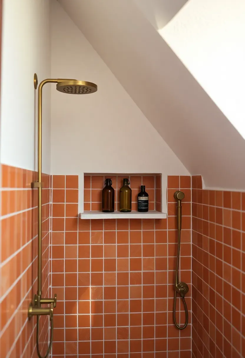 Attic bathroom shower wall covered in handmade terracotta Zellige tiles under a sloped white plaster ceiling, built-in plaster shelf with amber glass bottles, and brushed brass shower fittings