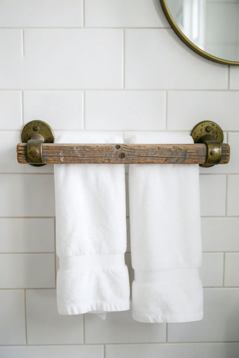 Hyper-realistic eye-level photograph of a rustic bathroom wall featuring reclaimed wood towel rail with visible grain and aged patina, holding three neatly folded white towels, white subway tile background, brass hardware on rail, small round mirror. Natural light. Materials: reclaimed oak wood, white cotton towels, brass hardware, white ceramic tiles. Authentic rustic wood towel rail. Weathered wood texture. No text, no logos, no watermarks.</p>