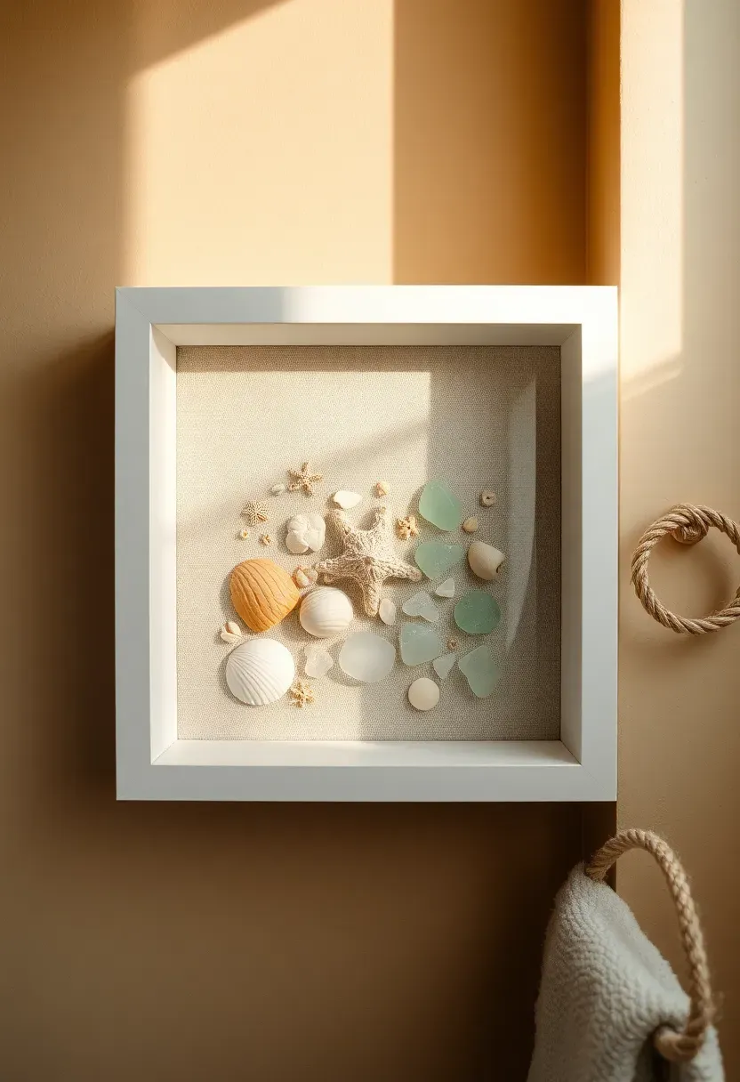 White shadow box frame containing arranged seashells coral pieces and sea glass on a sand-colored bathroom wall