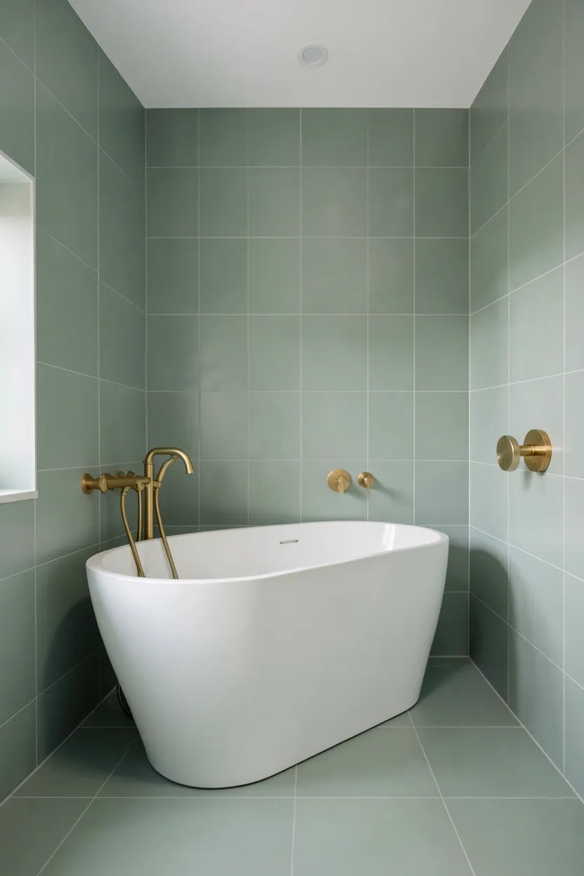 Matte sage green tiles covering floor to ceiling in a spa-like bathroom with white floating vanity and brass pulls