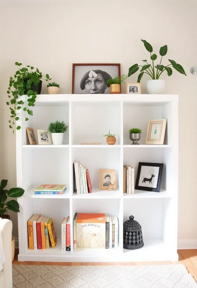 Low white open bookshelf acting as room divider between nursery corner and adult master bedroom area in a small rental