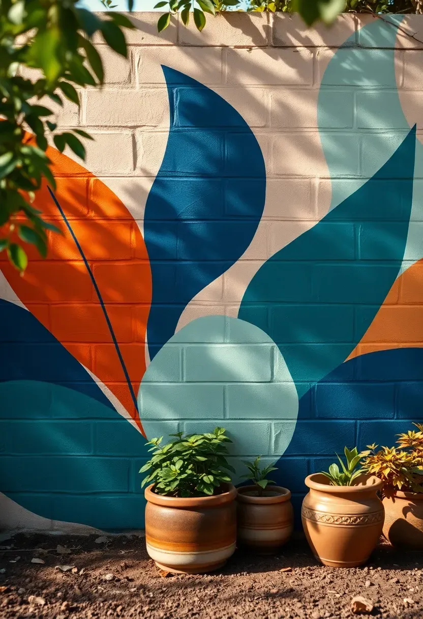 Colorful outdoor mural painted on a cinder block backyard wall featuring abstract botanical shapes in blue green and terracotta tones