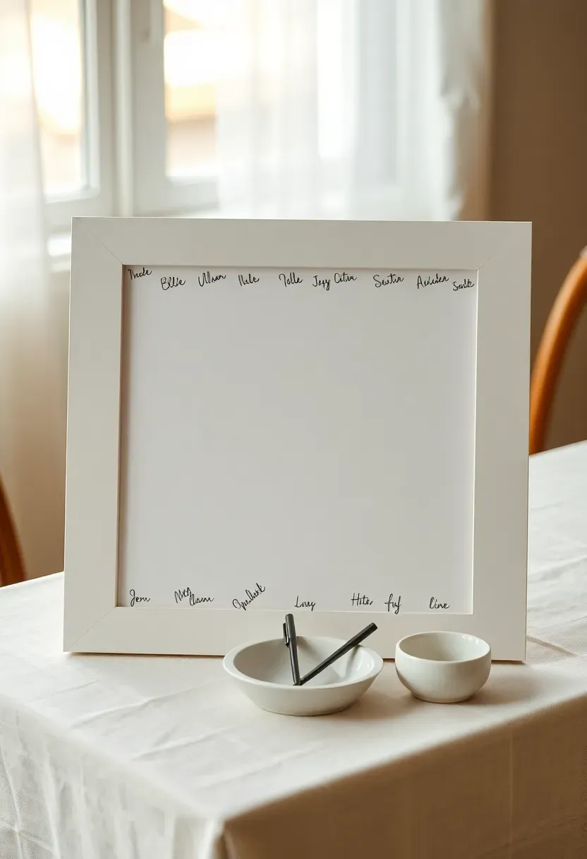 wide mat frame with a center opening for baby photo surrounded by guests handwritten signatures and short messages in black ink at a pastel decorated baby shower table