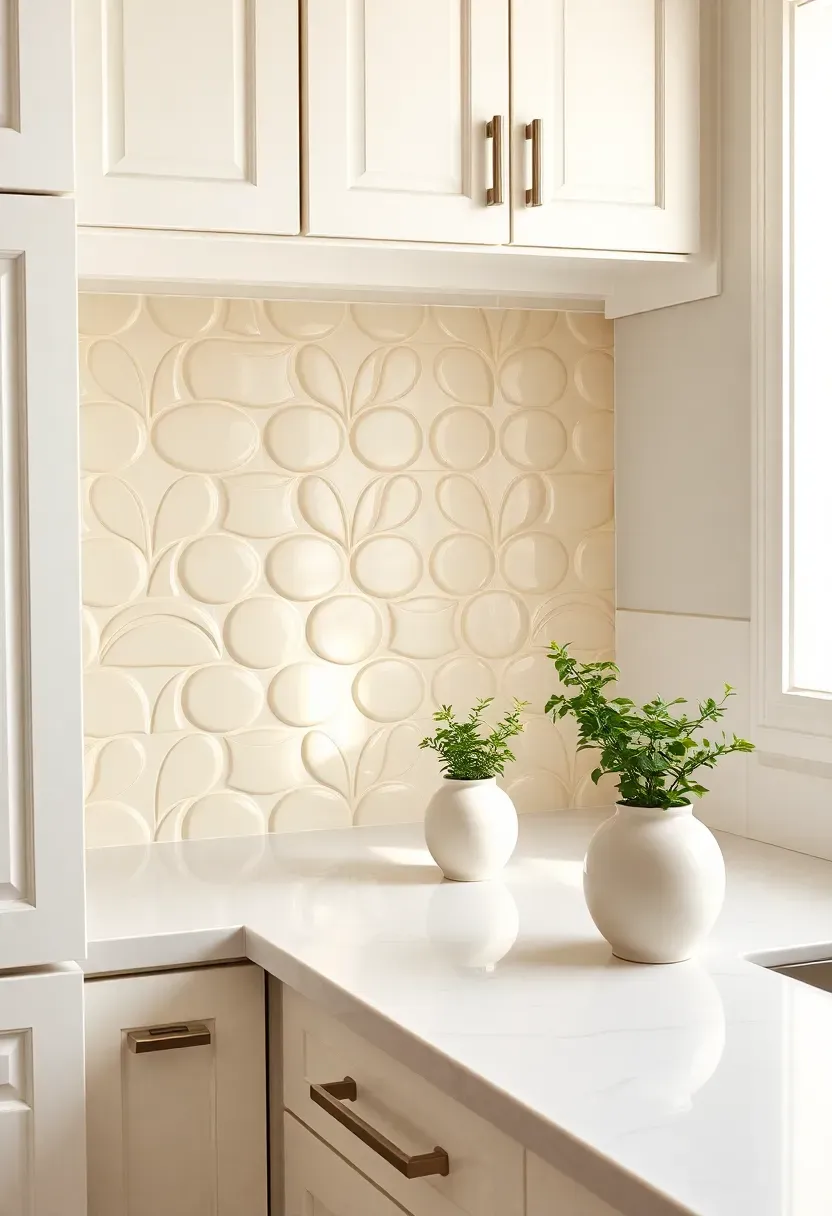 cream arabesque lantern tile backsplash with ornate curved shape in a transitional white kitchen