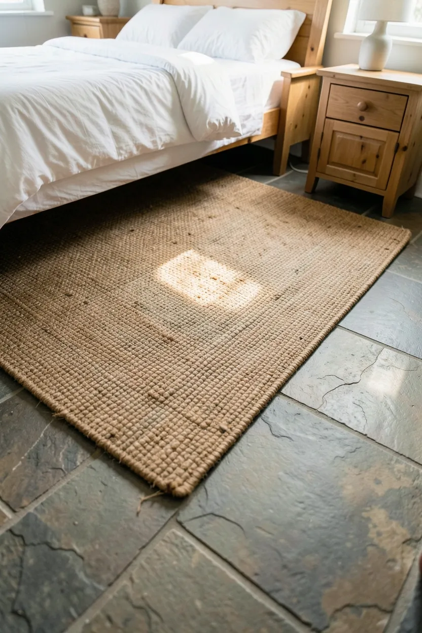Hyper-realistic slightly elevated photograph of rustic bedroom floor showing natural slate or stone tiles. Various earthy gray and tan tones with natural variations, large jute area rug centered on floor, white bed partially visible, two wooden nightstands, natural light from window. Materials: natural stone floor tiles, jute area rug, white cotton bedding, pine nightstands. Natural morning light creating texture highlights, earthy authentic atmosphere. Shallow depth of field, sharp details on stone texture and rug weave, balanced composition showing floor and room. No text, no logos, no watermarks.</p>