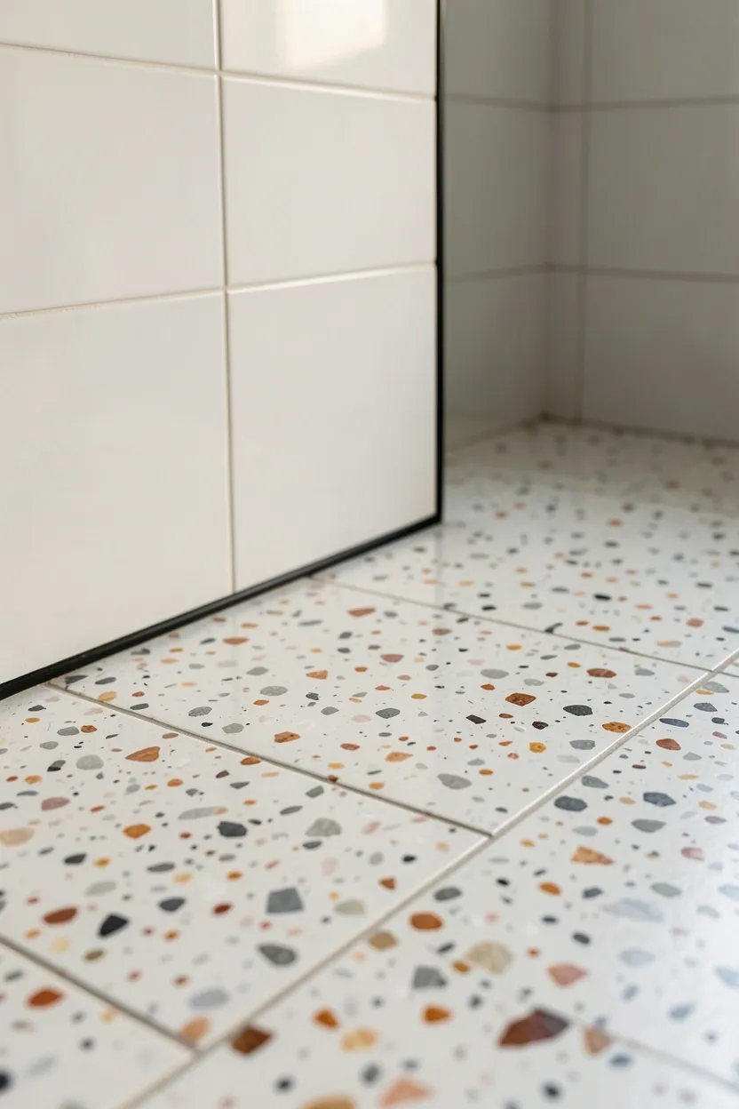 White, gray, and terracotta chip terrazzo floor tiles in a bathroom with white subway walls and matte black wall-mounted vanity — modern minimalist aesthetic