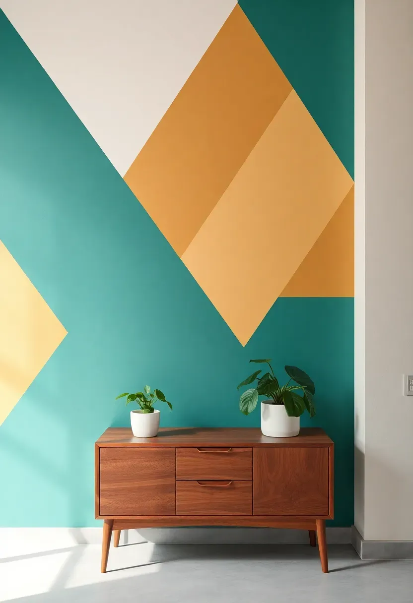 Feature wall with crisp geometric triangle and diamond patterns painted in teal white and gold creating an art deco inspired accent wall