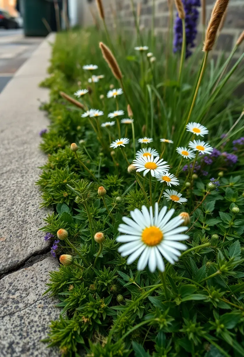 Rewilded urban corner garden with wild grasses, ox-eye daisies, teasel, red clover, and creeping thyme softening a concrete kerb edge