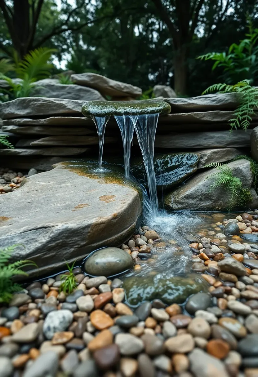 Natural stone water feature with a small cascading waterfall flowing into a gravel-edged basin surrounded by ferns