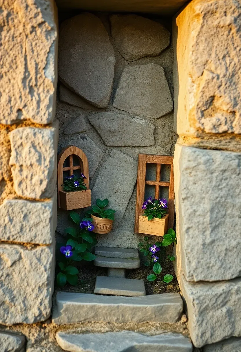 A fairy garden nook built into a gap in an old stone wall, with tiny arched doorways, window boxes with miniature flowers, and ivy trailing around the stones