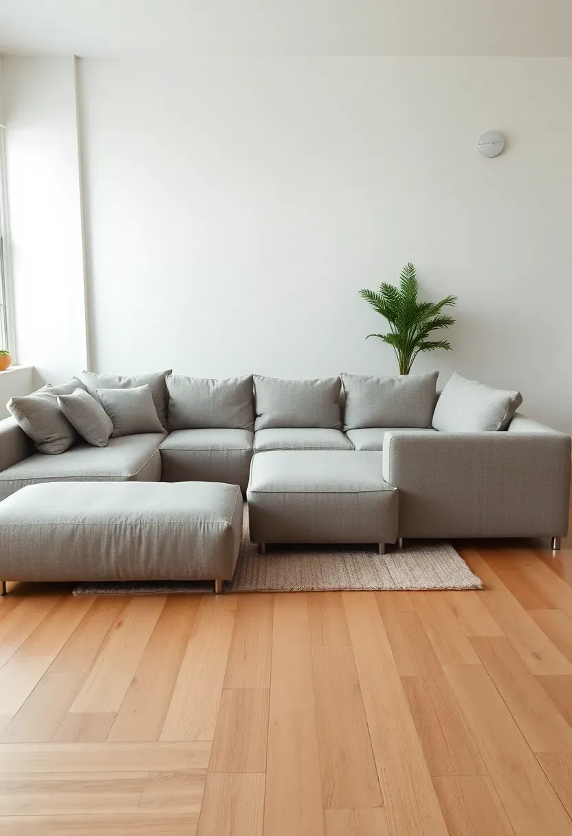 Modern living room with a large modular sectional sofa in neutral gray, configured in an L-shape with movable pieces and an ottoman extension