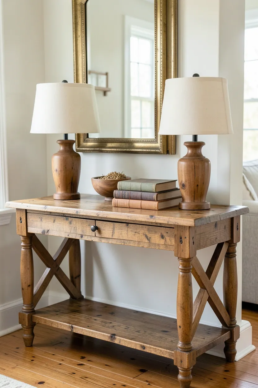 Weathered wood farmhouse console table with turned legs styled with lamps, books, and decorative accents
