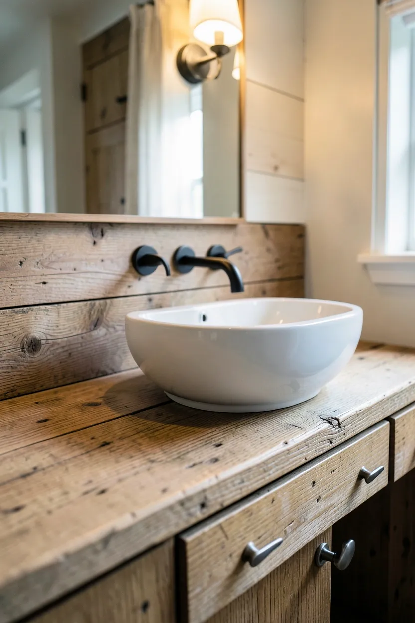 Reclaimed wood farmhouse vanity with brushed nickel faucet and quartz countertop in a rental bathroom