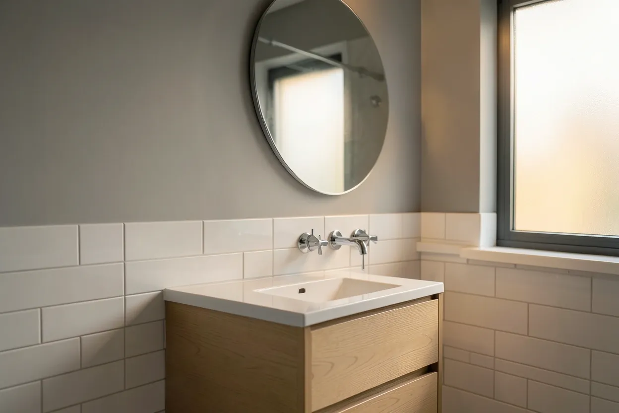 Collage of 23 apartment bathroom color ideas including sage green, navy blue, warm beige, and charcoal palettes for calm modern rental spaces