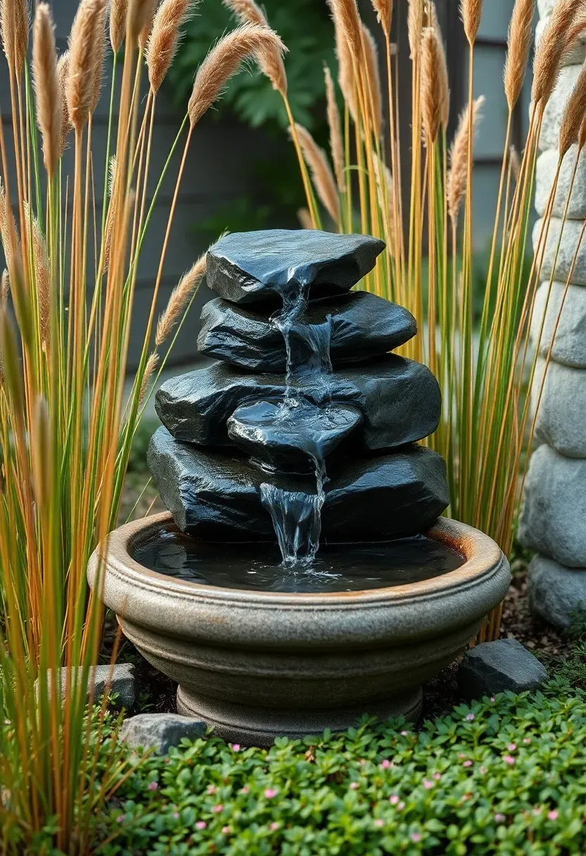 Small recirculating stone fountain surrounded by ornamental grasses in a quiet corner of a renovated backyard