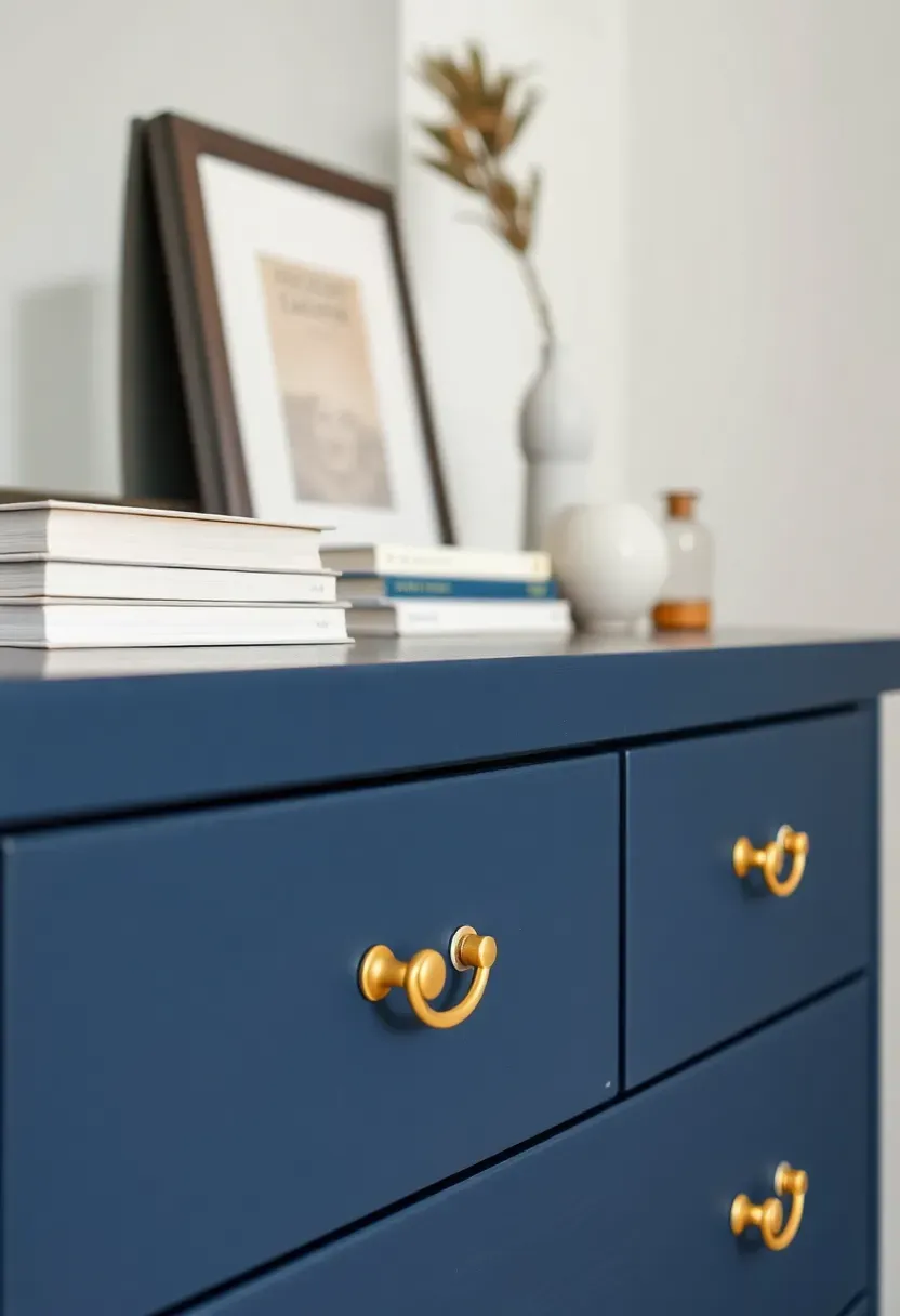 Thrifted dresser refreshed with navy blue chalk paint and gold hardware as a budget teen bedroom furniture makeover