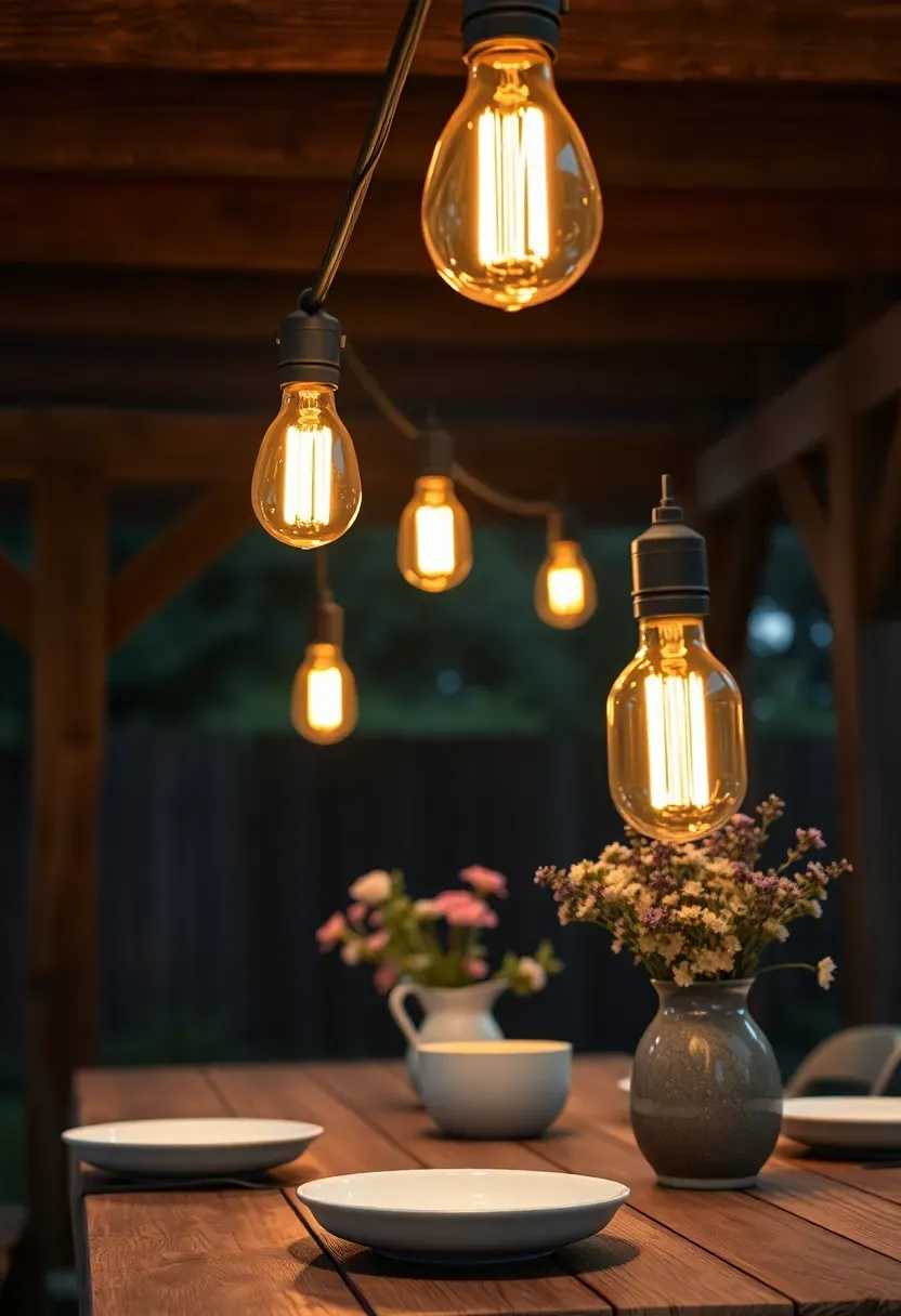 Large Edison-style filament bulbs on a heavy black cord strung across a rustic wooden pergola over an outdoor dining table at night
