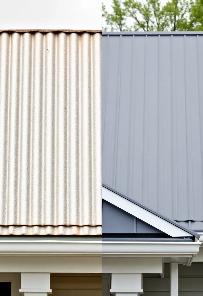 Ranch home front porch before with a corrugated aluminum awning and after with a standing seam metal porch roof in charcoal gray