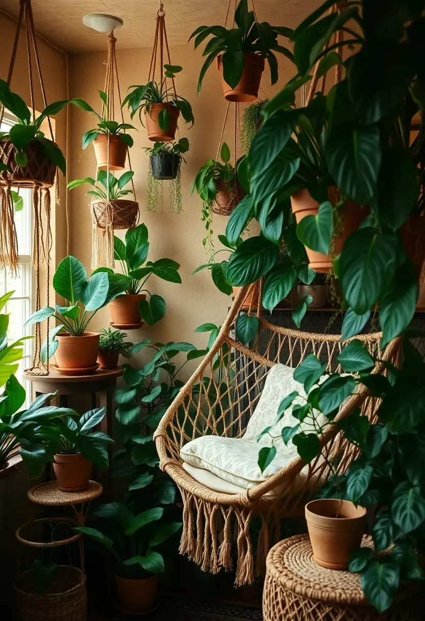 Boho plant mama she shed with macramé planters, terracotta monstera and pothos pots on every surface, jute hammock chair from ceiling, rattan side table with propagated cuttings