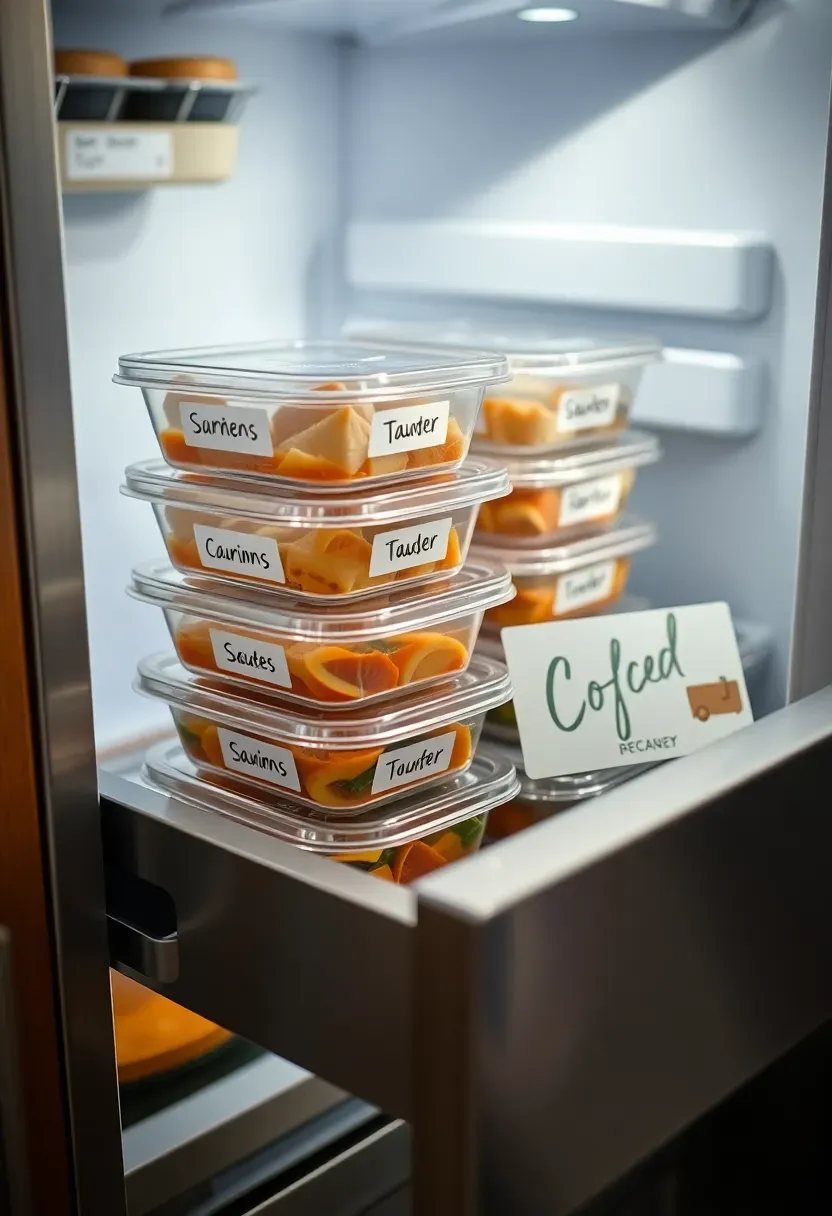 meal delivery gift card with homemade frozen meal containers labeled and stacked in a freezer
