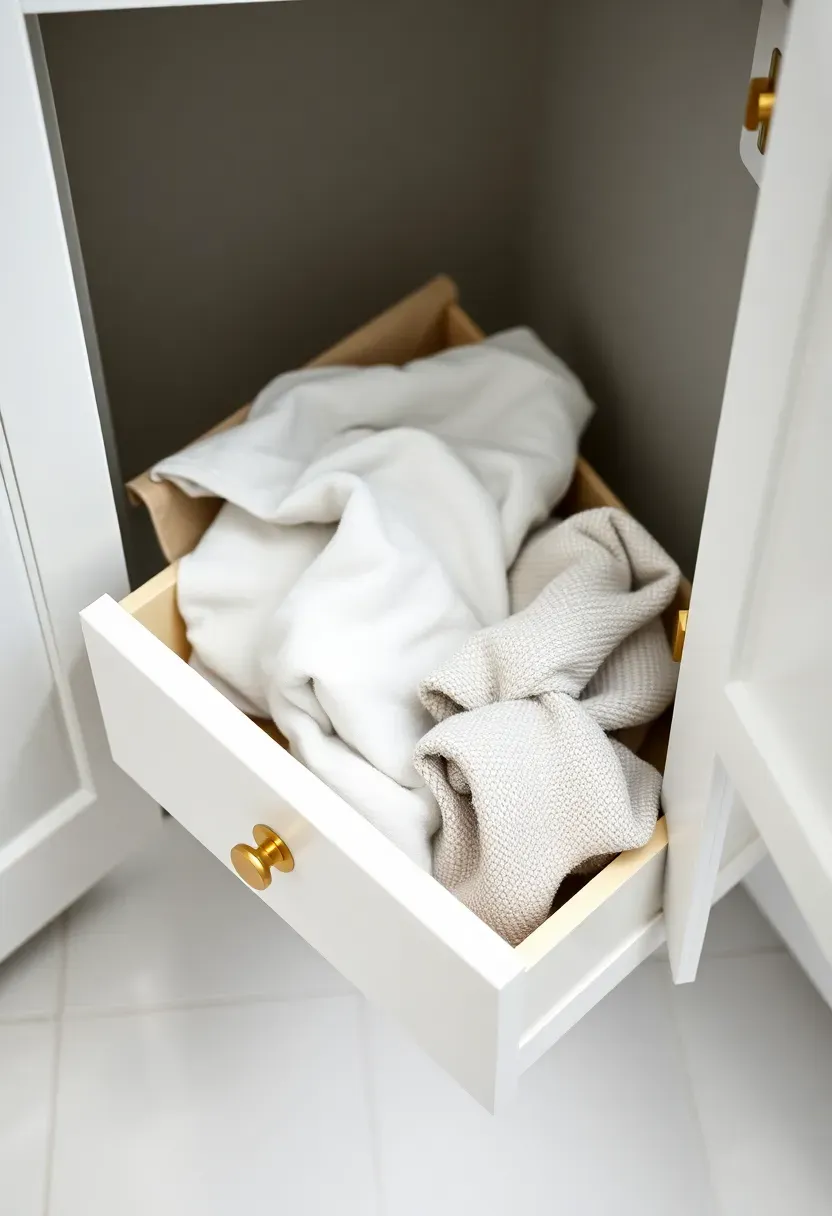 Tilt-out laundry hamper hidden inside a bathroom vanity cabinet showing the open compartment with a canvas liner full of towels