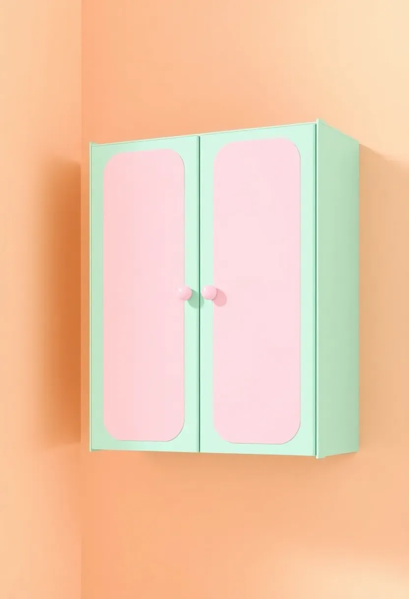 Mint green floating bathroom cabinet with soft pink doors and rounded edges in a Toca Boca style apartment bathroom