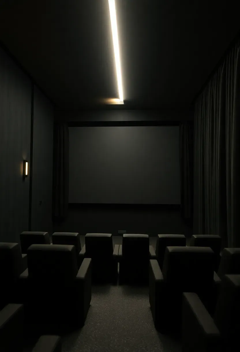 basement home theater with acoustic panels thick curtains and soundproofed walls