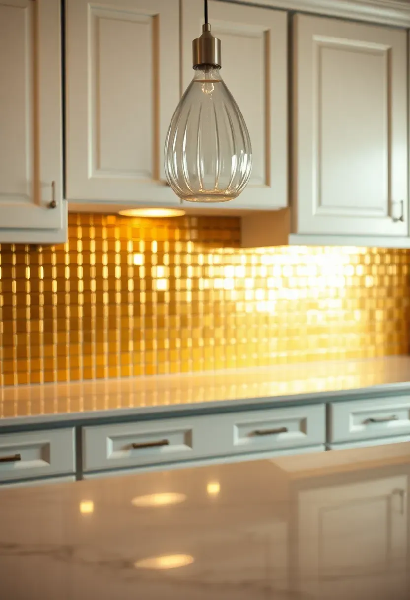 polished brass metal mosaic tile backsplash behind white kitchen cabinets with marble countertop and glass pendant light