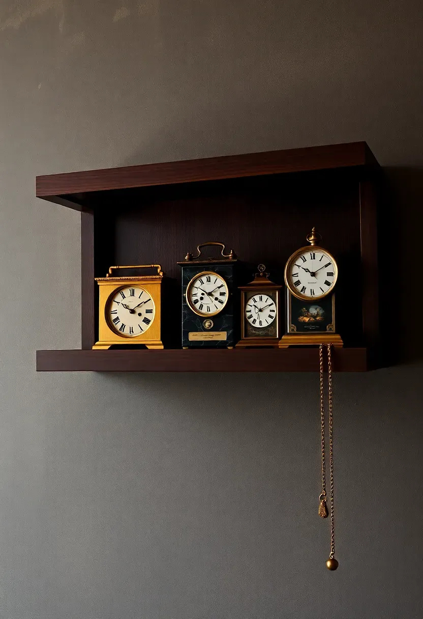 Antique clock collection on a dark oak wall shelf — brass carriage clock, black marble mantel clock, and painted enamel alarm clock against grey plaster wall