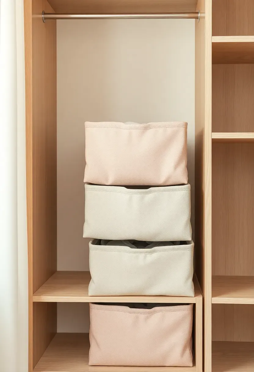 nursery closet with stacked fabric bins in pastel colors acting as soft drawers on wooden shelves