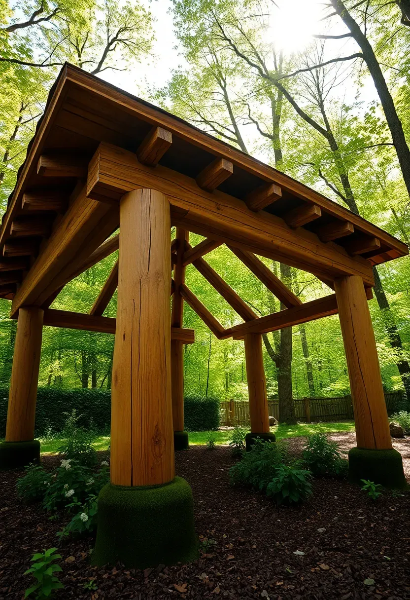 A rustic log gazebo with peeled timber posts and a bark-edge roof frame in a wooded backyard setting with wildflowers growing at the base