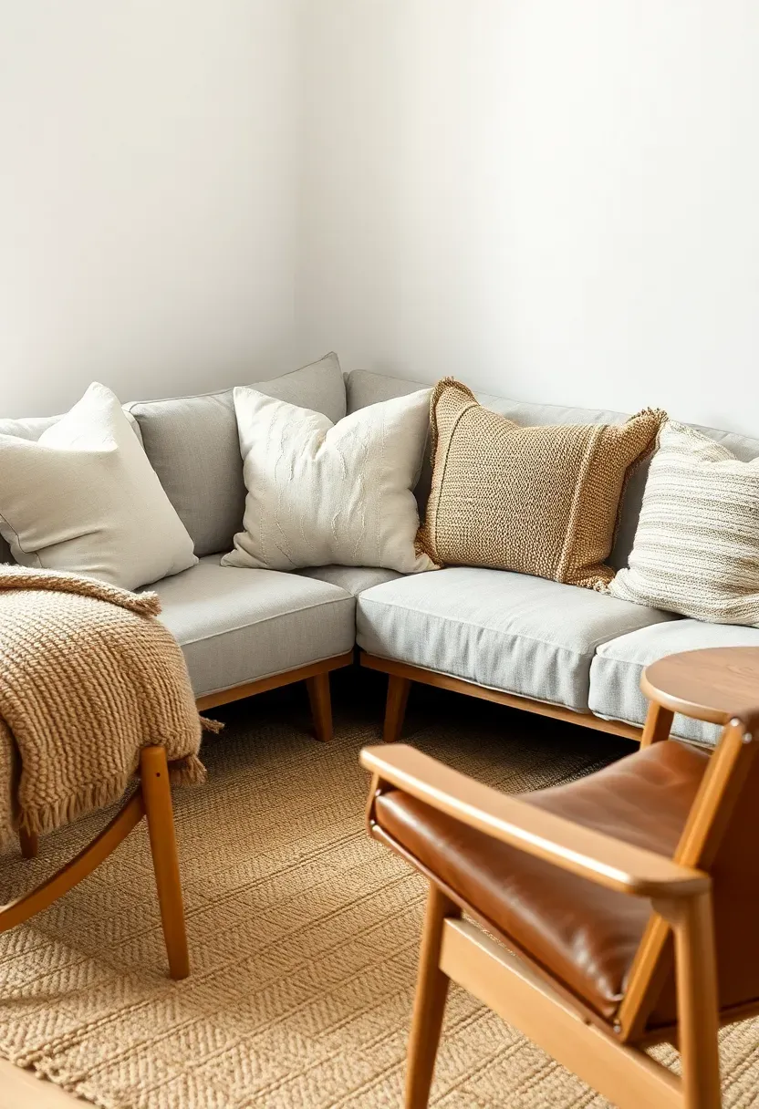 Hyper-realistic detailed view of minimalist living room corner showcasing layered textures — linen sofa, wool throw pillows, jute rug, leather accent chair, wooden side table, all in neutral cream beige gray palette. Materials: various textured fabrics in neutral tones, natural wood. Soft natural light, textural warmth mood. Material variety visible, shallow depth of field, no text, no logos.</p>